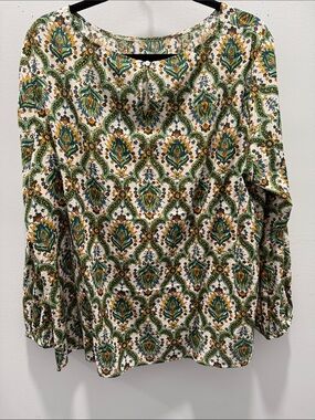 Talbots Green and Cream Paisley-Style Long Sleeve Blouse